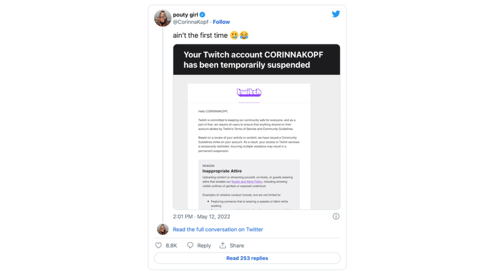 Corinna Kopf’s second ban from Twitch.