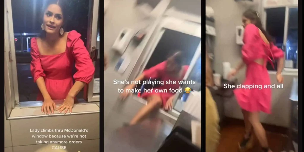 Woman climbing through window viral video